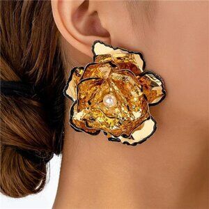 Hammered Gold Petal Earrings | Large Floral Pearl Studs | Oversized Statement